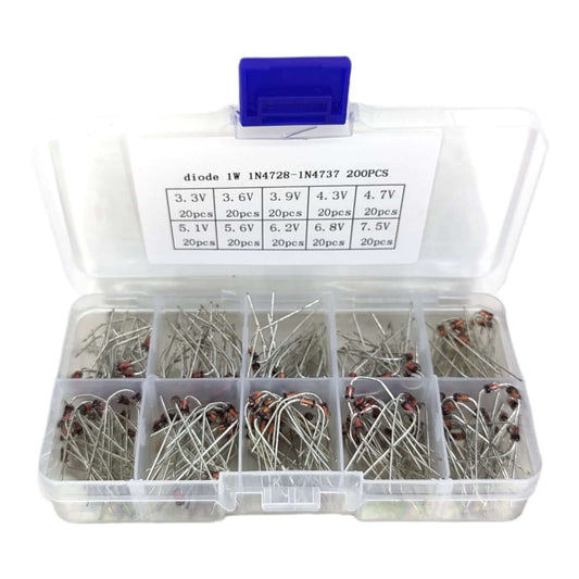 200pcs 1W Zener Diode Assortment Kit 1N4728-1N4737 in clear box with labeled compartments for various voltages.