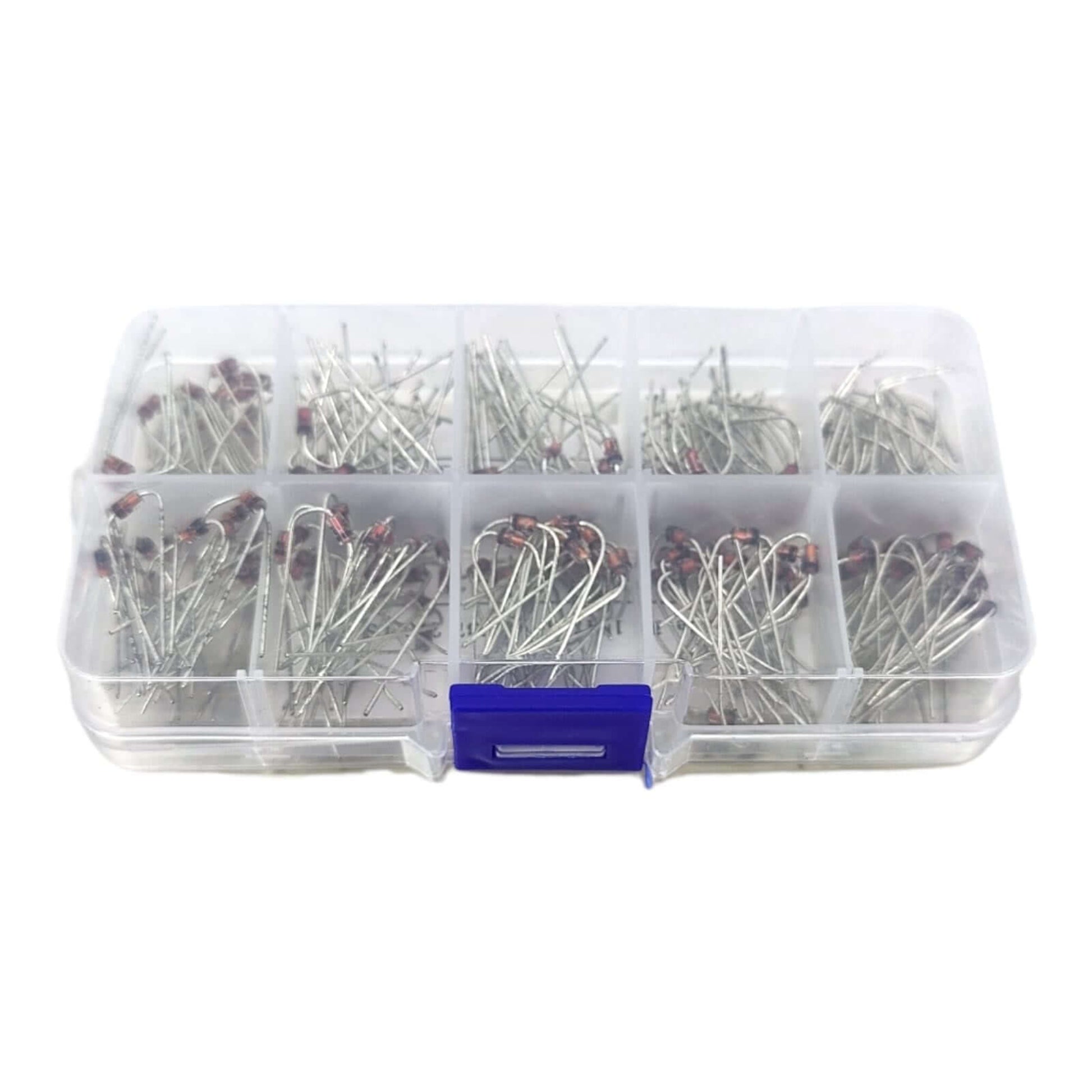 Close-up view of a 200pcs 1W Zener Diode kit showing various voltage diodes in a clear storage box.