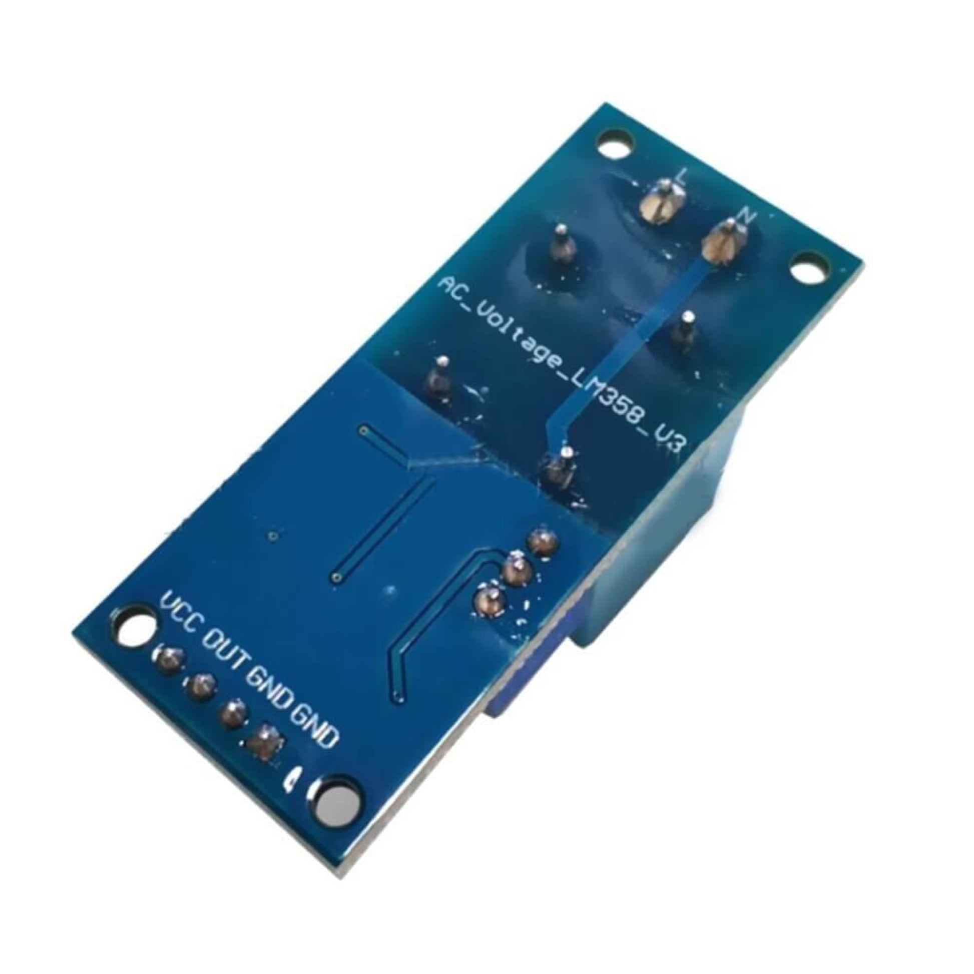 ZMPT101B AC voltage sensor module with VCC, OUT, GND pins for Arduino projects, bottom view showing circuitry.